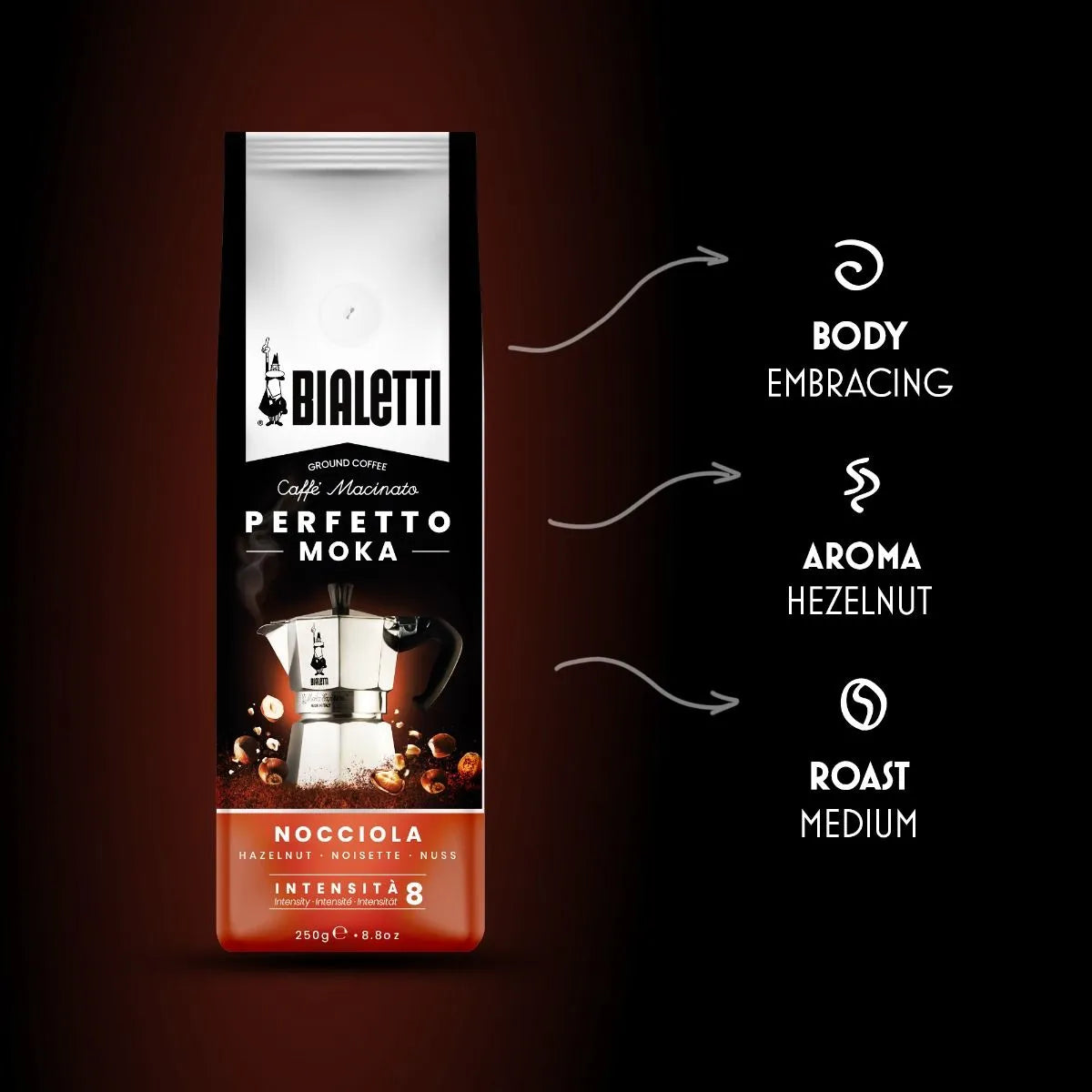 Café molido Perfetto Moka NOCCIOLA (Avellana) Bialetti 250 gr