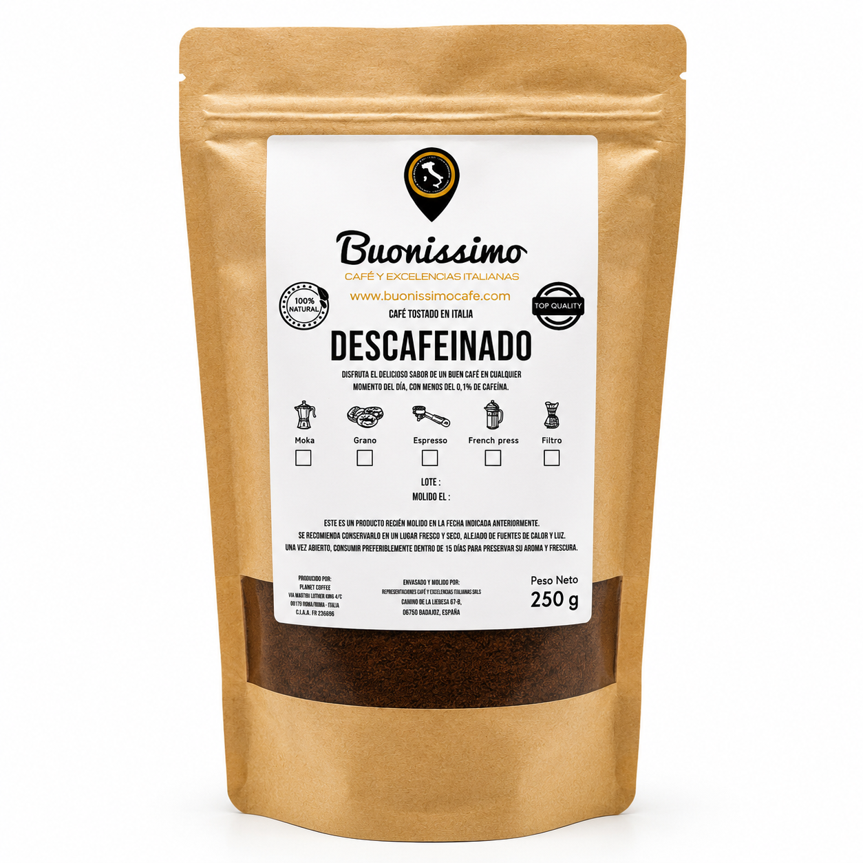 Café molido DESCAFEINADO 250 g Buonissimo Café