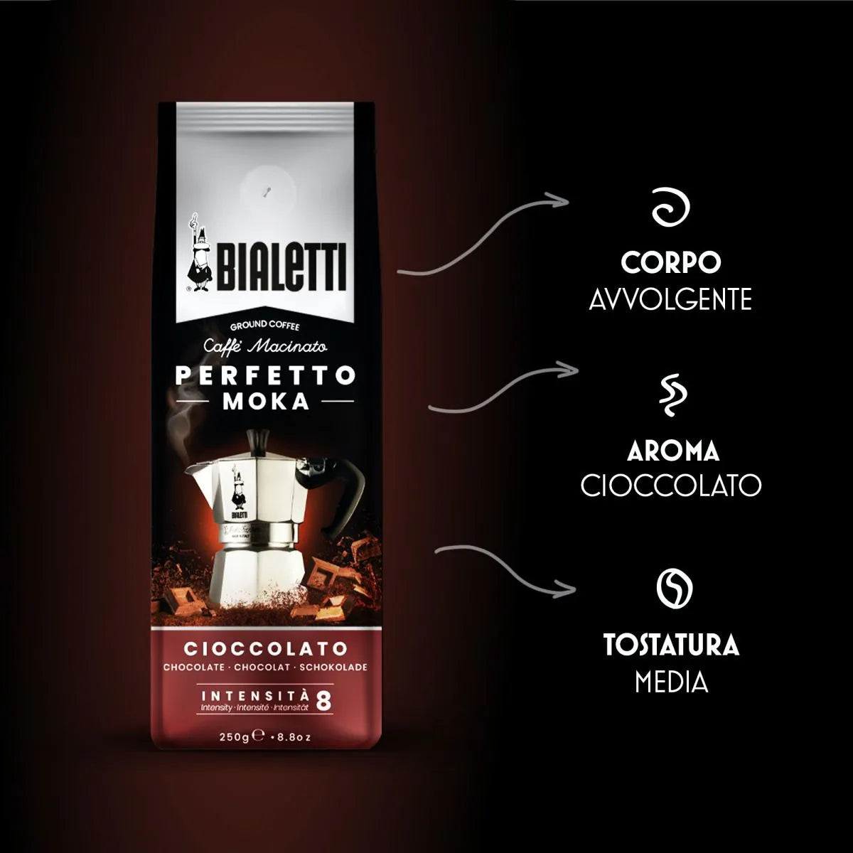 Café molido Perfetto Moka CIOCCOLATO (Chocolate) Bialetti 250 gr